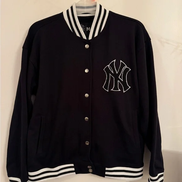 Black Varsity Jacket with White Trim and Embroidered Logo - Picture 2 of 4